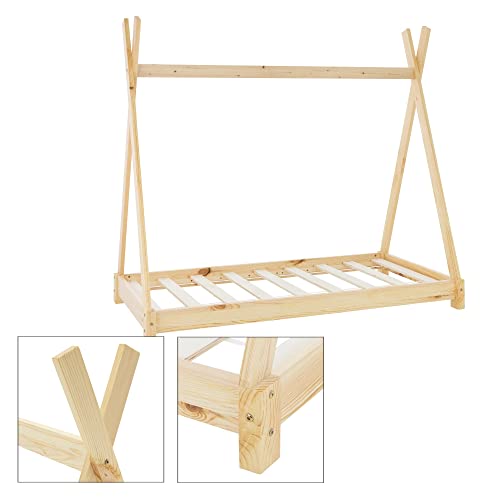 ML-Design Cama Infantil Tipi Indio 70x140 cm con Somier Estructura Listones de Madera de Pino Maciza Color Natural Forma de Casa Mobiliario Juego Marco de Tienda de Campaña para Niños