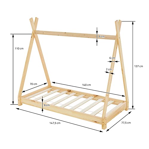 ML-Design Cama Infantil Tipi Indio 70x140 cm con Somier Estructura Listones de Madera de Pino Maciza Color Natural Forma de Casa Mobiliario Juego Marco de Tienda de Campaña para Niños