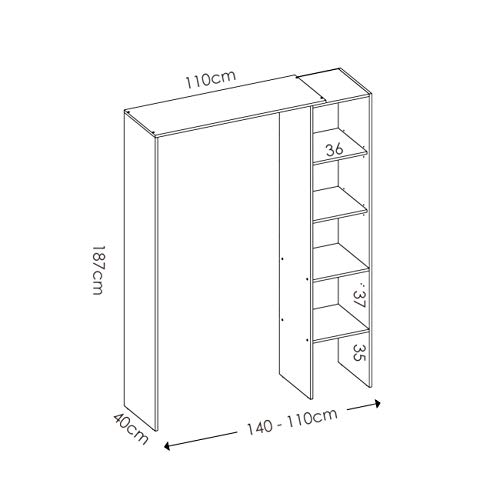 Mobelcenter - Armario Vestidor Suit - Armario Vestidor Reversible con 2 Barras y 4 Estantes - Acabado Color Blanco - Ancho: 140-110 cm x Fondo: 40 cm x Alto: 187 cm - (1203)