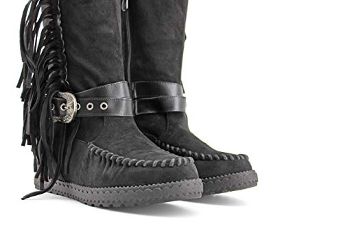 Modelisa - Botas Altas con Tacón Cuña Flecos para Mujer (Negro, Numeric_38)