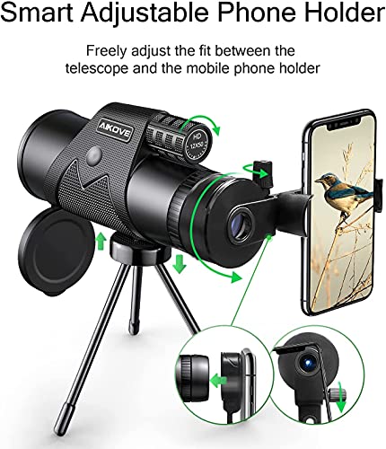 Monocular 12x50 Starscope - Prismáticos monocular con soporte para smartphone y trípode, monocular para observación de aves, camping, viajes, caza, juegos de pelota