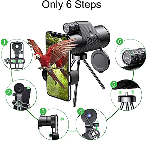 Monocular 12x50 Starscope - Prismáticos monocular con soporte para smartphone y trípode, monocular para observación de aves, camping, viajes, caza, juegos de pelota