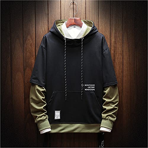 Moshtashio Sudadera con Capucha para Hombre Contraste Color Pullover Patchwork Manga Larga Hoodie Casual (Negro, L)