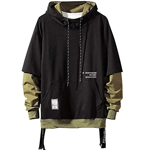 Moshtashio Sudadera con Capucha para Hombre Contraste Color Pullover Patchwork Manga Larga Hoodie Casual (Negro, L)