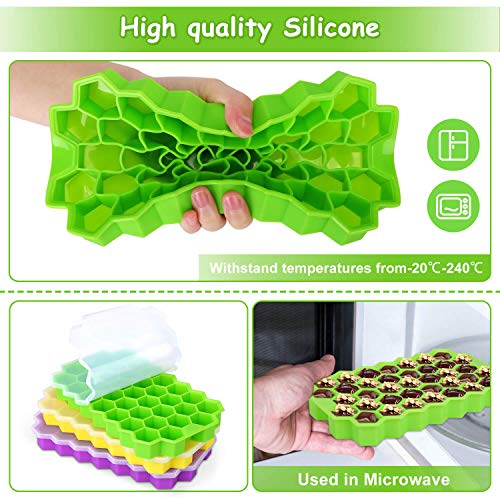 MOSOTECH Cubiteras para Hielo Silicona, 3pcs Bandejas para Hielo con Tapa sin BPA, Moldes de Cubitos para Congelarse Alimentos para Bebés,Cola,Cócteles,Whisky - Verde/Amarillo/Morado