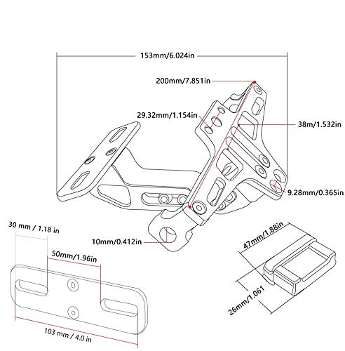 Mota Soporte de placa de matrícula de aluminio universal corto Motocicleta Scooter Quad Motocycle Negro Ajustable con iluminación LED adaptable Reemplazo original ajustable