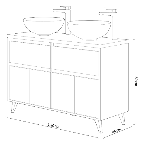 Mueble de Baño con 4 Puertas y 2 Cajones, Modulo Lavabo, Modelo ONA, Acabado en Blanco Brillo y Roble Alaska, Medidas: 120 cm (Ancho) x 80 cm (Alto) x 46 cm (Fondo)