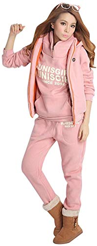 Mujer 3pcs Chándal Encapuchada Casual Conjuntos Deportivos Otoño Invierno Sudadera con Capucha Sweatshirt + Hoodie Chaqueta Chaleco + Pantalones (Rosa,L)