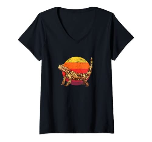 Mujer Lagarto cornudo Gráfico de atardecer apenado vintage Camiseta Cuello V