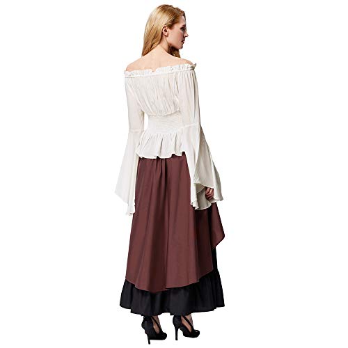 Mujer Tops Elegante Victoriano Medieval con Manga Larga Acampanada sin Hombro Blanco Crema M