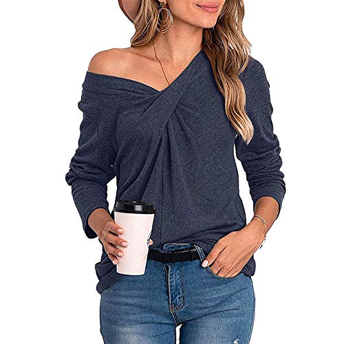 Mujeres Casual Cuello en V Nudo Cruzado pulóver Color sólido Suelta cómoda Camisa Blusa de Manga Larga (Azul, XL)