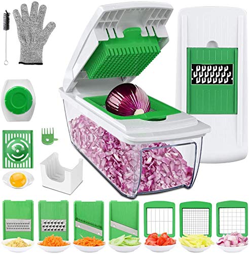 Multiusos Cortador de Verduras Mandolina de Cocina Profesional, 7 Cuchillas con Guantes Resistentes, Separador de Huevo, Cepillo de Limpieza para Cortar Frutas Verduras