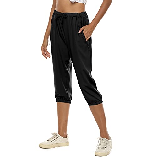 MUYOGRT Pantalones capri de verano para mujer, pantalones pirata 3/4, pantalones de trekking, ligeros, holgados, deportivos, con cordón y bolsillos laterales, Negro , XL