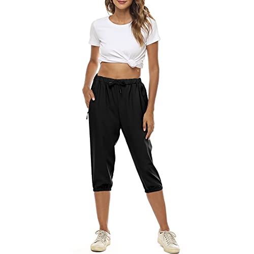 MUYOGRT Pantalones capri de verano para mujer, pantalones pirata 3/4, pantalones de trekking, ligeros, holgados, deportivos, con cordón y bolsillos laterales, Negro , XL