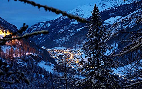 MX-XXUOUO Rompecabezas 1000 Piezas Lugares Famosos:Alpes Suiza montañas árboles Invierno Nieve casa Noche