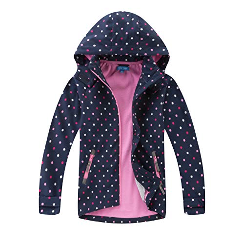 Natashas Chaqueta de entretiempo para niños y niñas, con forro polar, cálida, transpirable, resistente al viento, chaqueta softshell, para exteriores con capucha, Azul oscuro y rosa., 116 cm