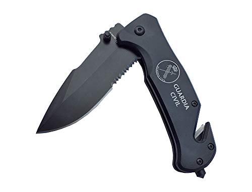 Navaja con Grabado Emblema Guardia Civil Negra Seguridad Hoja 8,3 cm para Caza, Pesca, Camping, Outdoor, Supervivencia y Bushcraft Albainox 19800GR257 + Llavero Mosquetón de Regalo