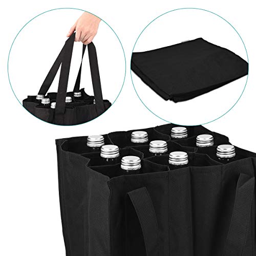 Navaris Bolsa portabotellas con 9 Compartimentos - Porta Botellas Plegable con 2X asa - Bolso botellero para Transporte de Vino Cerveza Agua - Negro