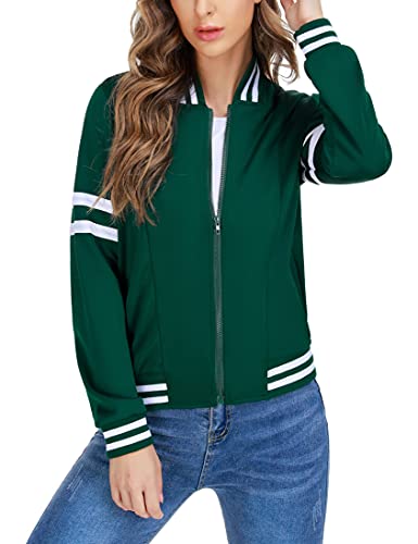 NC Chaqueta Mujer Deporte Chaqueta Bomber Mujer Uniforme Béisbol Abrigo Deportiva Cuello Alto Sudadera con Cremallera sin Capucha Invierno Casual Otoño Verde oscuro L