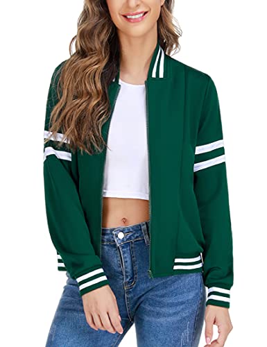 NC Chaqueta Mujer Deporte Chaqueta Bomber Mujer Uniforme Béisbol Abrigo Deportiva Cuello Alto Sudadera con Cremallera sin Capucha Invierno Casual Otoño Verde oscuro L