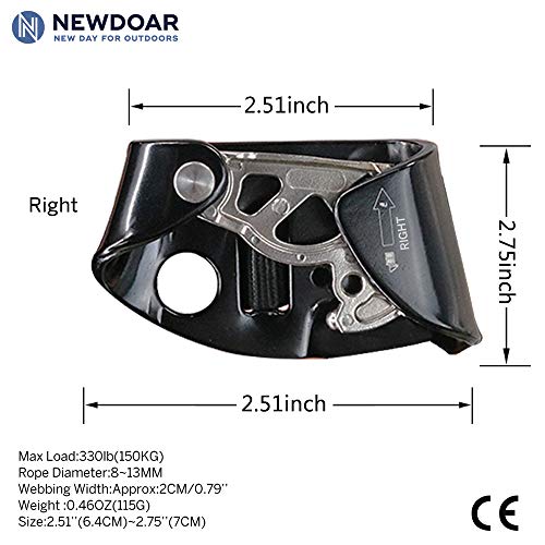 Newdoar Levantador de pie Derecho Riser Árbol de Escalada Arbolista Montañismo Rappel Equipo de Paso rápido Dispositivo de Escalada con certificación CE para Cuerda de 8~13MM (Derecha Negro)