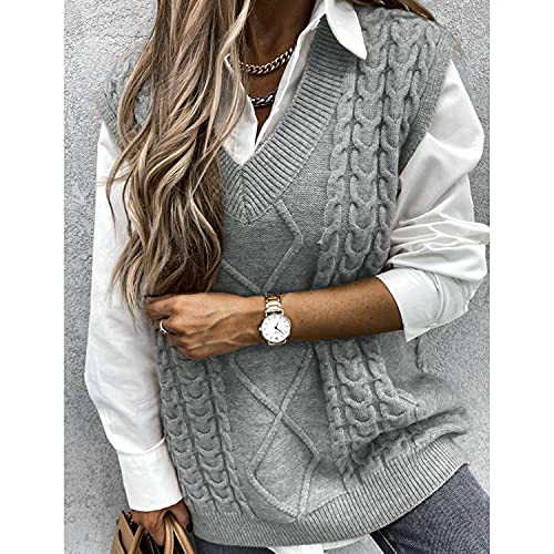 Niwicee Mujer Chaleco Sin Mangas Jersey V Tops Punto Suéter Fino Cuello Casual Jersey de Punto para Mujer Chaleco sin Mangas con Cuello Primavera Otoño Invierno (Gris, M)