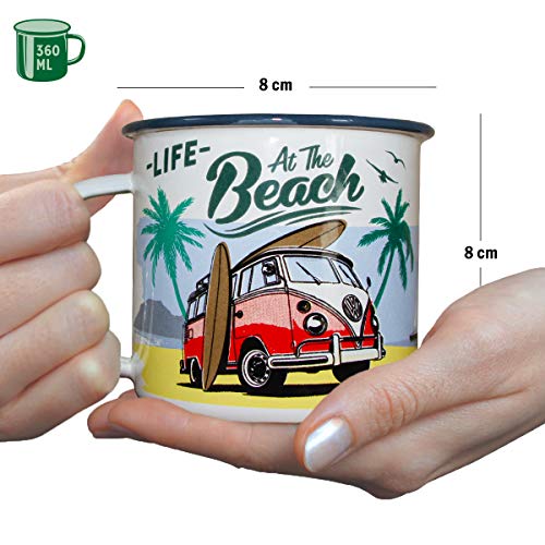 Nostalgic-Art Taza esmaltada retro, Bulli T1 – Beach – Idea de regalo de furgoneta Volkswagen, Copa para camping, diseño vintage con frase, 360 ml