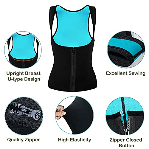 Nueva Chaleco Sauna Deportivo Mujer Fajas Reductoras Adelgazantes Abdominal Neopreno Camiseta Sudoración Compresión de Cremallera para Deporte Fitness (Azul, 2XL)