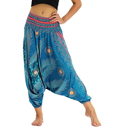 Nuofengkudu Mujer Pantalones Hippies Talle Aalto Bohemios Patrón Sueltos Thai Arabes Casual Yoga Pants Playa Azul Pavo Pluma