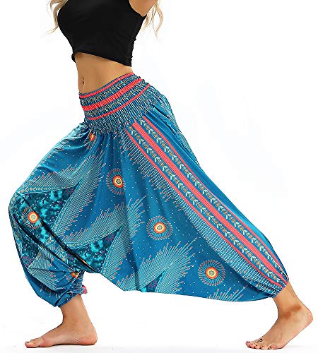 Nuofengkudu Mujer Pantalones Hippies Talle Aalto Bohemios Patrón Sueltos Thai Arabes Casual Yoga Pants Playa Azul Pavo Pluma