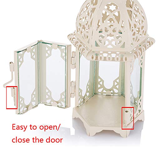 Nuptio Linterna Vela Estilo Marroquí de 2 Piezas, Portavelas Tealight de Tamaño Pequeño con Paneles de Vidrio Transparente Ideal para Patios, Interiores Exteriores, Eventos, Fiestas y Bodas, Blanco