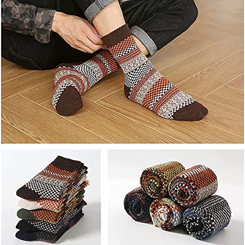 oijhg 5 Pairs Thermal Nordic Winter Warm Socks for Men Women, Vintage Cozy Wool Socks, Thick Knit Pattern Hiking Crew Socks (E)