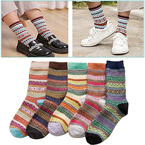 oijhg 5 Pairs Thermal Nordic Winter Warm Socks for Men Women, Vintage Cozy Wool Socks, Thick Knit Pattern Hiking Crew Socks (E)