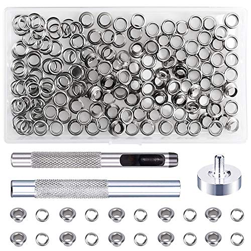 Ojetes Metálicos Pulluo 100 sets 6mm Ojales de Metálico Kit de Ojetes Acero Inoxidable con 3 Piezas de Herramientasde de Instalación para DIY y Ropa, Cuero, Toldos, Lonas, Reparación de Carpas