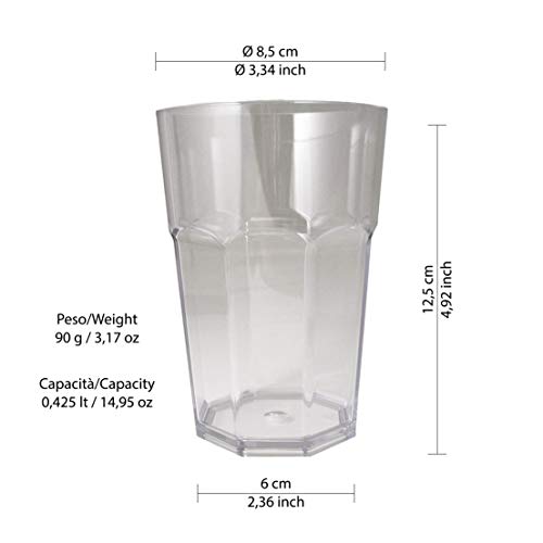 Omada Design set de 6 vasos de bar, refresco o bebida larga 42.5 cl, 12.5 cm de alto en plástico, irrompible, apilable, octogonal y apto para lavavajillas, Unglassy Line