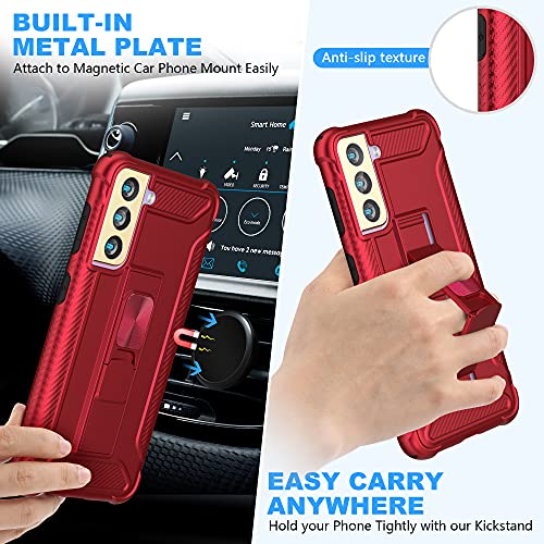 ORETECH Funda para Samsung Galaxy S21 6.2" con[2x Protector de Pantalla de Vidrio][iman Soporte]360 Grados Cubierta de Protección de Cuerpo Completo Carcasa Silicona Hard PC Caso para Samsung S21-Rojo