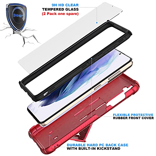 ORETECH Funda para Samsung Galaxy S21 6.2" con[2x Protector de Pantalla de Vidrio][iman Soporte]360 Grados Cubierta de Protección de Cuerpo Completo Carcasa Silicona Hard PC Caso para Samsung S21-Rojo