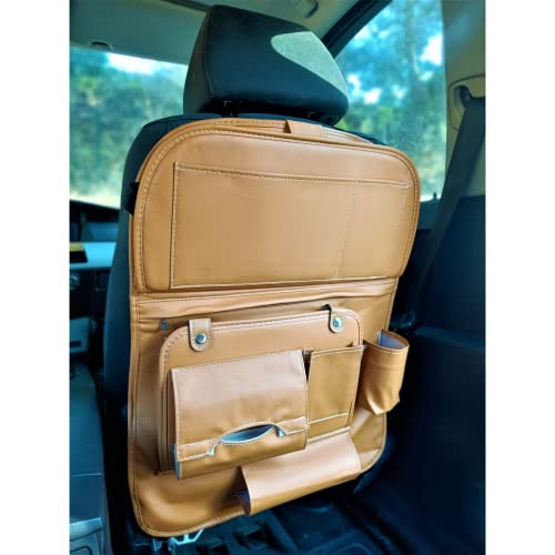 Organizador Coche con Bandeja Mesa Plegable de lujo, 5 COLORES, Kick Mats de Coche, Protector Asiento Coche Respaldo, Bolsillero Furgoneta Camper, Organizador Asiento Coche Niños (Miel)