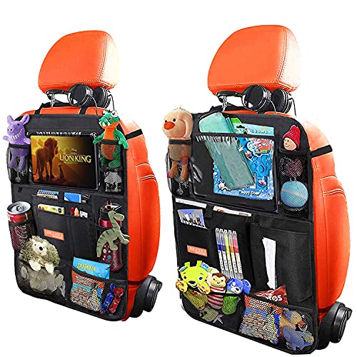 Organizador para Asientos Traseros para Coche, Materiales Resistentes a Niños, Protector de Asiento con Soporte para Teléfono/Tablet 12” y 19 Bolsillos para Accesorios de Viaje (Pack de 2 en Negro)