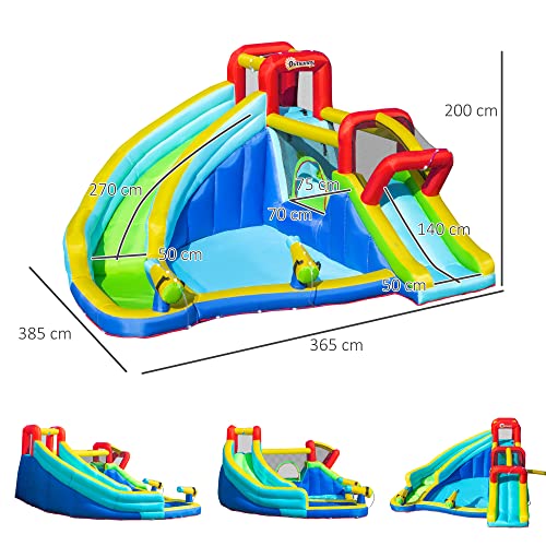 Outsunny Castillo Hinchable con 2 Toboganes Cama de Salto y Piscina para Niños de +3 Años Incluye Inflador y Bolsa de Transporte para Interior Exterior 385x365x200 cm Multicolor