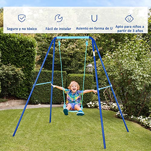 Outsunny Columpio Metal para Niños con Soporte +3 Años Juego de Columpio con Asiento y Cuerda Infantil para Jardín Patio Carga Máx. 30 kg 140x120x170 cm Azul