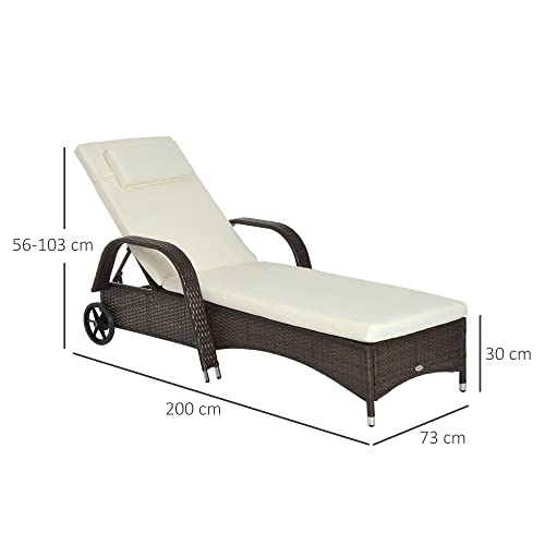 Outsunny Tumbona de Ratán de Jardín Chaise Longue con Respaldo Ajustable en 5 Posiciones Cojines Acolchados Reposacabezas y 2 Ruedas 200x73x56-103 cm Crema y Marrón