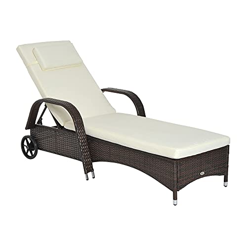 Outsunny Tumbona de Ratán de Jardín Chaise Longue con Respaldo Ajustable en 5 Posiciones Cojines Acolchados Reposacabezas y 2 Ruedas 200x73x56-103 cm Crema y Marrón