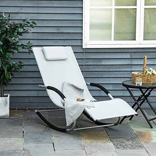 Outsunny Tumbona Mecedora de Jardín con Reposacabezas Reposabrazos Sillón Silla de Exterior Tejido Transpirable y Metal para Playa Patio Terraza 63x148x85 cm Gris