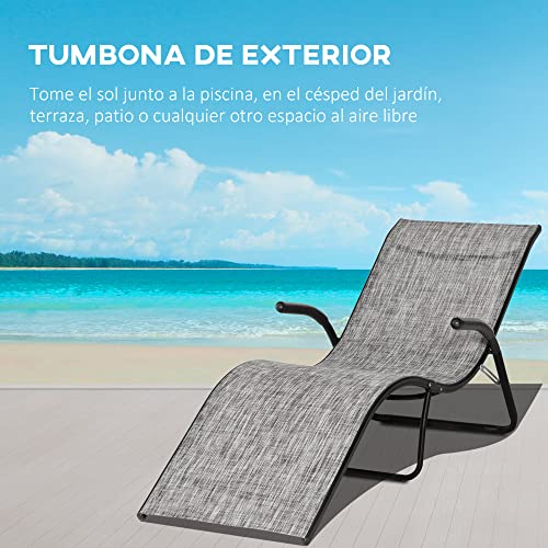 Outsunny Tumbona Plegable de Jardín con Reposabrazos Reposapiés Respaldo Transpirable y Marco de Metal Ergonómico para Terraza Playa Camping 170x62x68 cm Gris