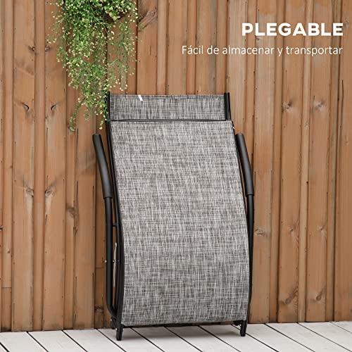 Outsunny Tumbona Plegable de Jardín con Reposabrazos Reposapiés Respaldo Transpirable y Marco de Metal Ergonómico para Terraza Playa Camping 170x62x68 cm Gris