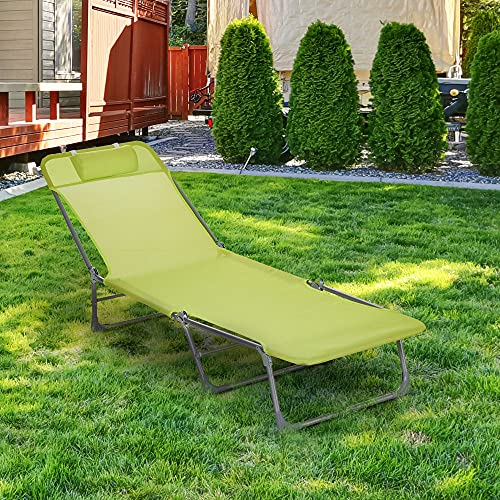 Outsunny Tumbona Plegable y Reclinable de Jardín con Reposacabezas y Respaldo Ajustable en 5 Niveles Tela de Texteline Transpirable 182x56x24,5 cm Verde