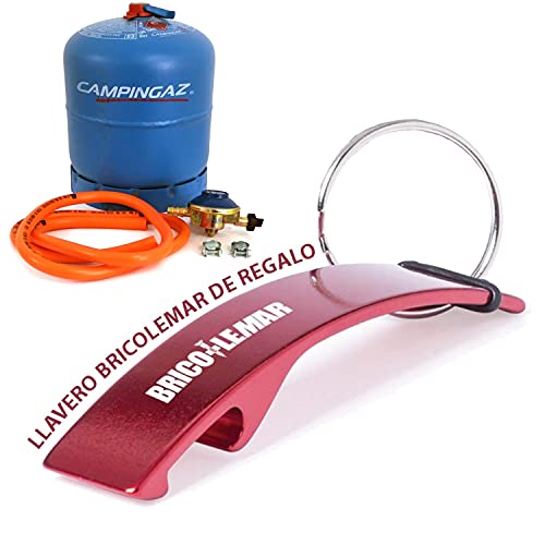 Pack de Botella de Gas Camping Azul Recargable R907 + Regulador 30Mbar + Manguera con Abrazaderas 1,5m (Botella de Gas + Kit regulador 30Mbar)