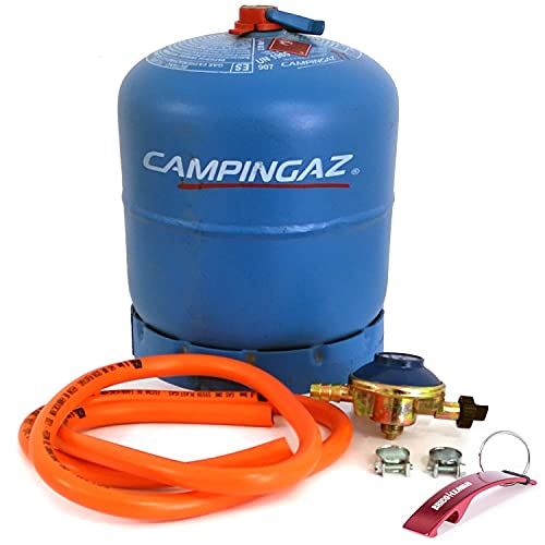 Pack de Botella de Gas Camping Azul Recargable R907 + Regulador 30Mbar + Manguera con Abrazaderas 1,5m (Botella de Gas + Kit regulador 30Mbar)