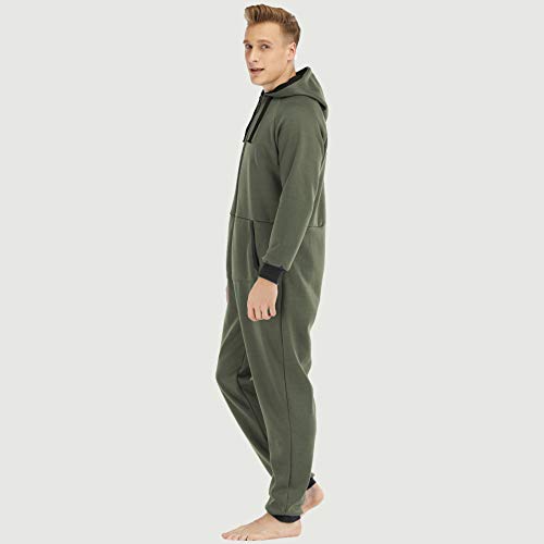 para Hombre de una Pieza de Ropa Espesar Plus Cachemira de Pijama de los Hombres sólidos Mono Mono Corto con Cremallera con Capucha Masculinos Remiendo Monos Monos Green-XL